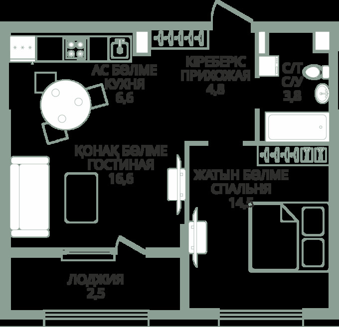 Планировка 1-комнатные квартиры, 48.8 m2 в ЖК Metropole, в г. Алматы