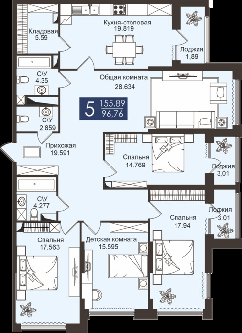 Планировка 5-комнатные квартиры, 155.89 m2 в ЖК JM City Dom-Park, в г. Нур-Султана (Астаны)