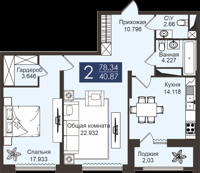 Планировка 2-комнатные квартиры, 78.34 m2 в ЖК JM City Dom-Park, в г. Нур-Султана (Астаны)