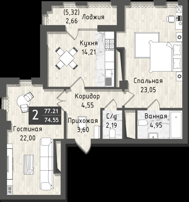 Планировка 2-комнатные квартиры, 77.21 m2 в ЖК Europe city, в г. Нур-Султана (Астаны)