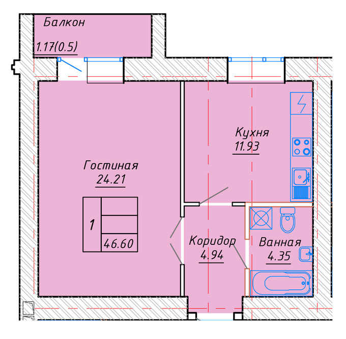 Планировка 1-комнатные квартиры, 46.6 m2 в ЖК Созак, в г. Нур-Султана (Астаны)