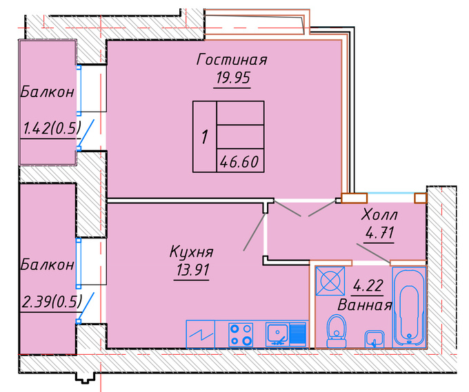 Планировка 1-комнатные квартиры, 46.6 m2 в ЖК Созак, в г. Нур-Султана (Астаны)