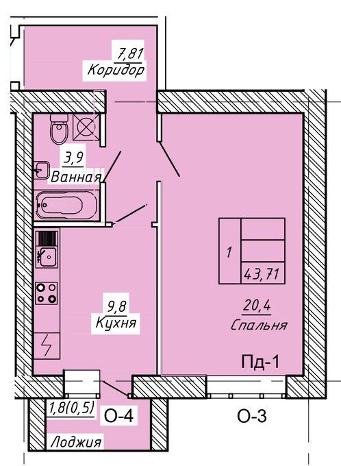 Планировка 1-комнатные квартиры, 43.71 m2 в ЖК Созак, в г. Нур-Султана (Астаны)