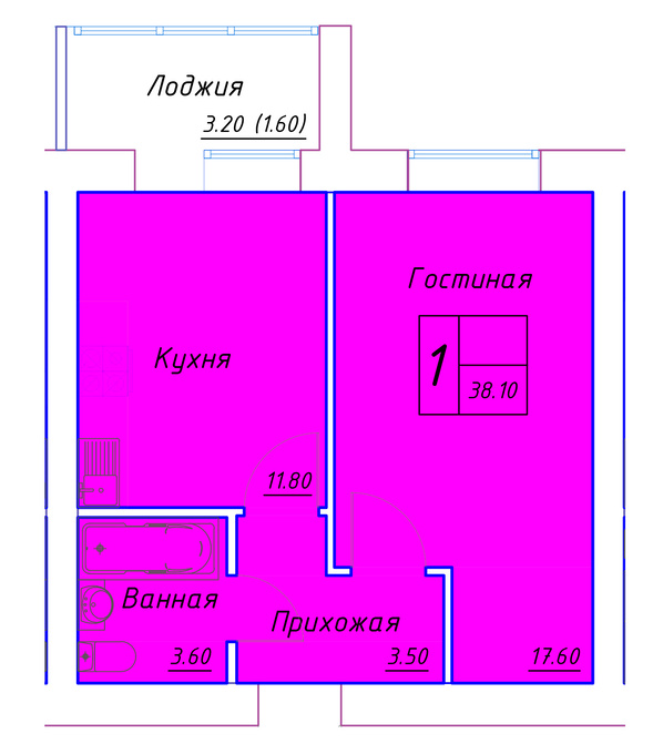 Планировка 1-комнатные квартиры, 38.1 m2 в ЖК Kerei, в г. Нур-Султана (Астаны)