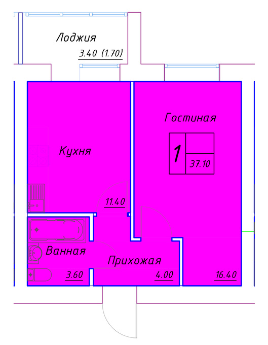 Планировка 1-комнатные квартиры, 37.1 m2 в ЖК Kerei, в г. Нур-Султана (Астаны)