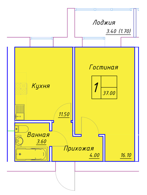 Планировка 1-комнатные квартиры, 37 m2 в ЖК Kerei, в г. Нур-Султана (Астаны)