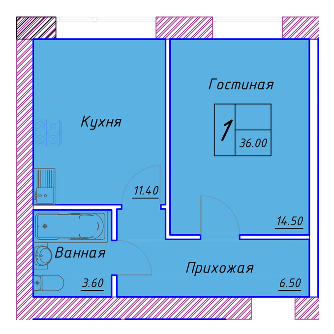Планировка 1-комнатные квартиры, 36 m2 в ЖК Kerei, в г. Нур-Султана (Астаны)