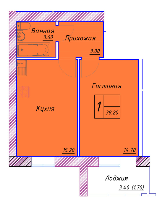 Планировка 1-комнатные квартиры, 38.2 m2 в ЖК Kerei, в г. Нур-Султана (Астаны)