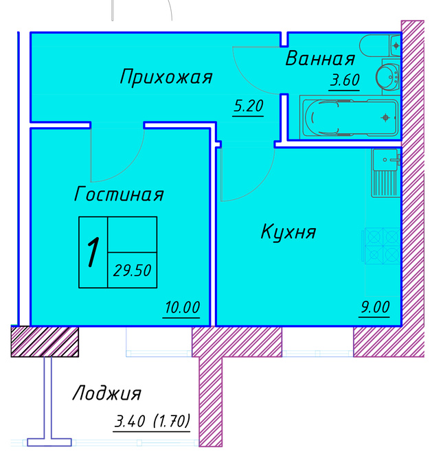 Планировка 1-комнатные квартиры, 29.5 m2 в ЖК Kerei, в г. Нур-Султана (Астаны)