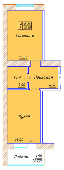 Планировка 1-комнатные квартиры, 40.8 m2 в ЖК Kerei, в г. Нур-Султана (Астаны)