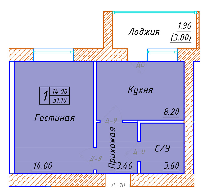 Планировка 1-комнатные квартиры, 31.1 m2 в ЖК Kerei, в г. Нур-Султана (Астаны)