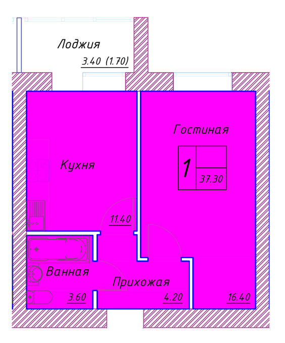 Планировка 1-комнатные квартиры, 37.3 m2 в ЖК Kerei, в г. Нур-Султана (Астаны)