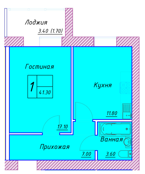 Планировка 1-комнатные квартиры, 41.3 m2 в ЖК Kerei, в г. Нур-Султана (Астаны)