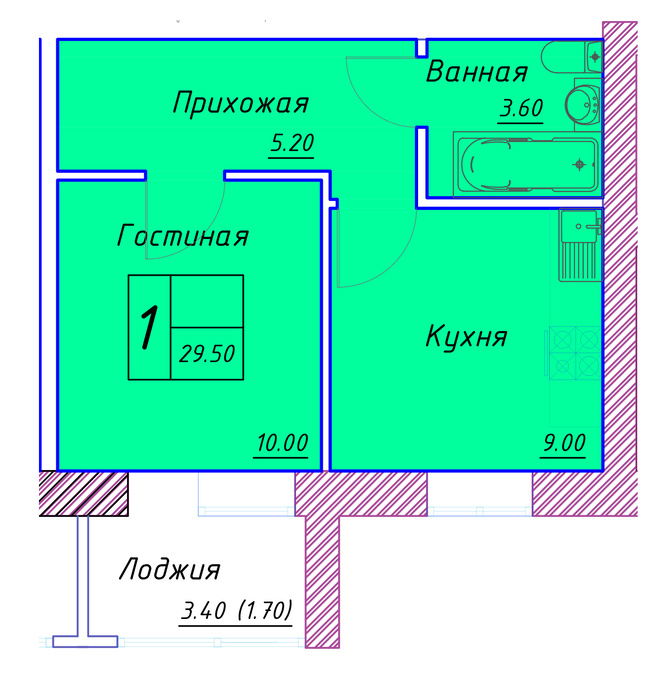 Планировка 1-комнатные квартиры, 29.5 m2 в ЖК Kerei, в г. Нур-Султана (Астаны)