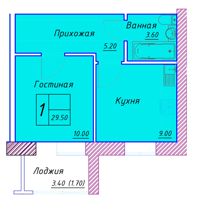Планировка 1-комнатная квартиры, 29.5 m2 в ЖК Aibike, в г. Нур-Султана (Астаны)
