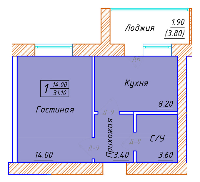 Планировка 1-комнатная квартиры, 31.1 m2 в ЖК Aibike, в г. Нур-Султане (Астане)