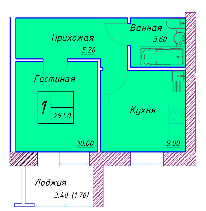 Планировка 1-комнатная квартиры, 29.5 m2 в ЖК Aibike, в г. Нур-Султане (Астане)