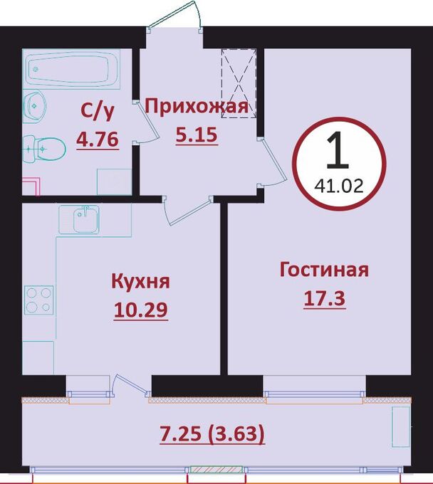 Планировка 1-комнатные квартиры, 41.02 m2 в ЖК Prime Garden, в г. Нур-Султана (Астаны)