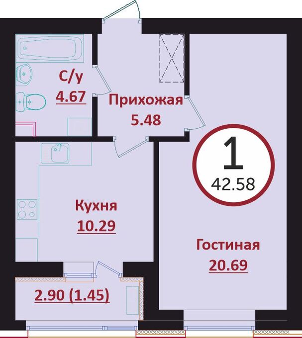 Планировка 1-комнатные квартиры, 42.58 m2 в ЖК Prime Garden, в г. Нур-Султана (Астаны)
