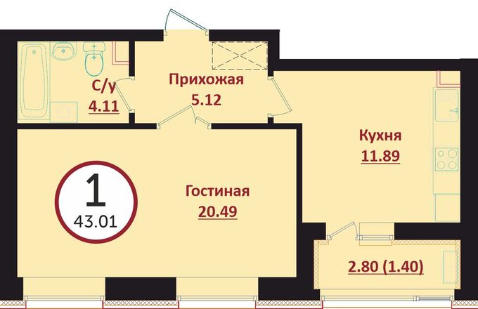 Планировка 1-комнатные квартиры, 43.01 m2 в ЖК Prime Garden, в г. Нур-Султана (Астаны)