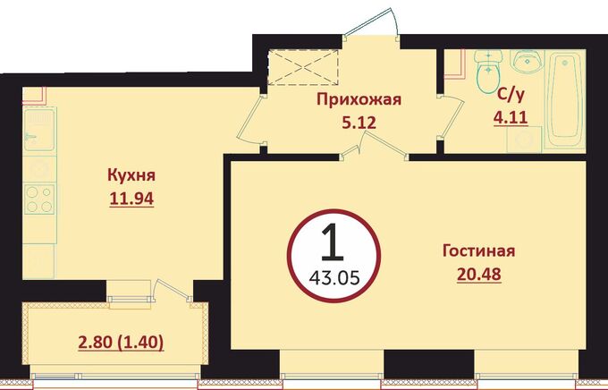 Планировка 1-комнатные квартиры, 43.05 m2 в ЖК Prime Garden, в г. Нур-Султана (Астаны)