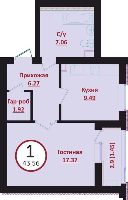 Планировка 1-комнатные квартиры, 43.36 m2 в ЖК Prime Garden, в г. Нур-Султана (Астаны)