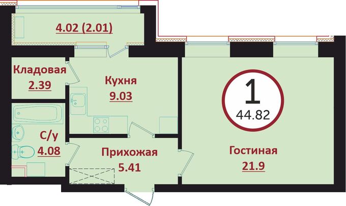 Планировка 1-комнатные квартиры, 44.82 m2 в ЖК Prime Garden, в г. Нур-Султана (Астаны)