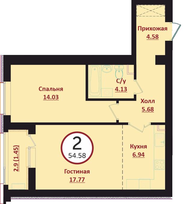 Планировка 2-комнатные квартиры, 54.58 m2 в ЖК Prime Garden, в г. Нур-Султана (Астаны)