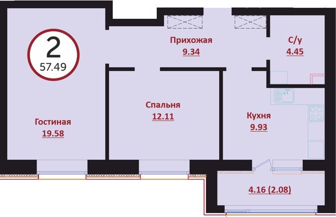 Планировка 2-комнатные квартиры, 57.49 m2 в ЖК Prime Garden, в г. Нур-Султана (Астаны)
