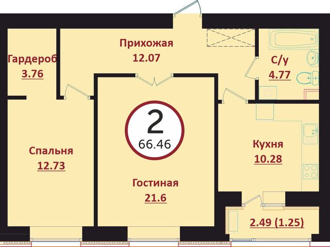 Планировка 2-комнатные квартиры, 66.46 m2 в ЖК Prime Garden, в г. Нур-Султана (Астаны)