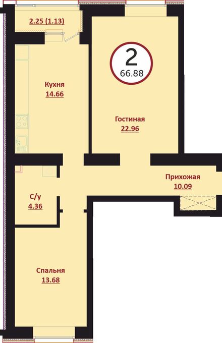 Планировка 2-комнатные квартиры, 66.88 m2 в ЖК Prime Garden, в г. Нур-Султана (Астаны)