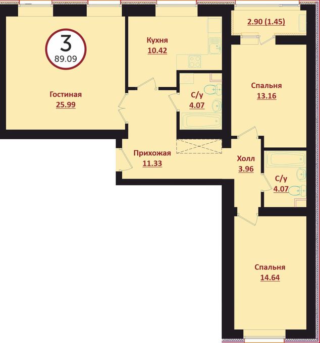 Планировка 3-комнатные квартиры, 89.09 m2 в ЖК Prime Garden, в г. Нур-Султана (Астаны)