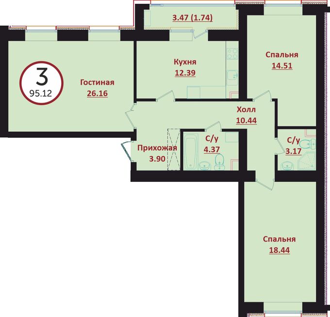 Планировка 3-комнатные квартиры, 95.12 m2 в ЖК Prime Garden, в г. Нур-Султана (Астаны)