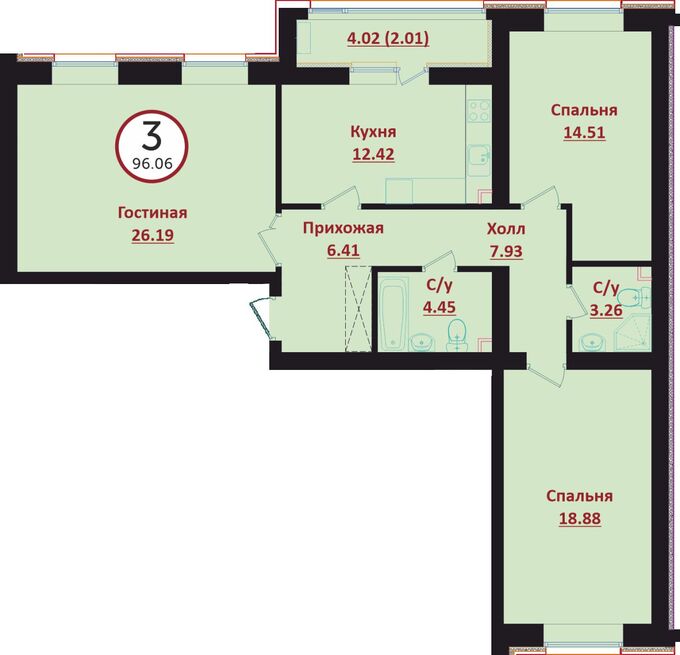 Планировка 3-комнатные квартиры, 96.06 m2 в ЖК Prime Garden, в г. Нур-Султана (Астаны)