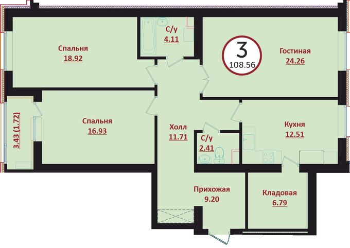 Планировка 3-комнатные квартиры, 108.56 m2 в ЖК Prime Garden, в г. Нур-Султана (Астаны)