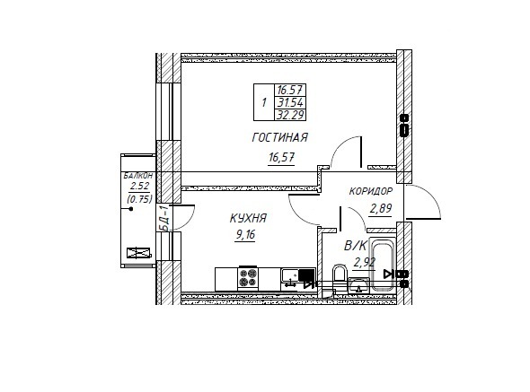 Планировка 1-комнатные квартиры, 32.29 m2 в ЖК Kurmet, в г. Нур-Султана (Астаны)