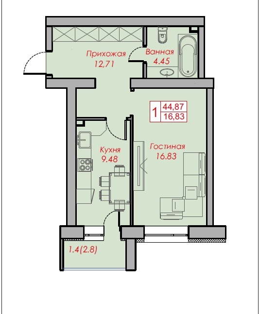 Планировка 1-комнатные квартиры, 44.87 m2 в ЖК Kurmet, в г. Нур-Султана (Астаны)