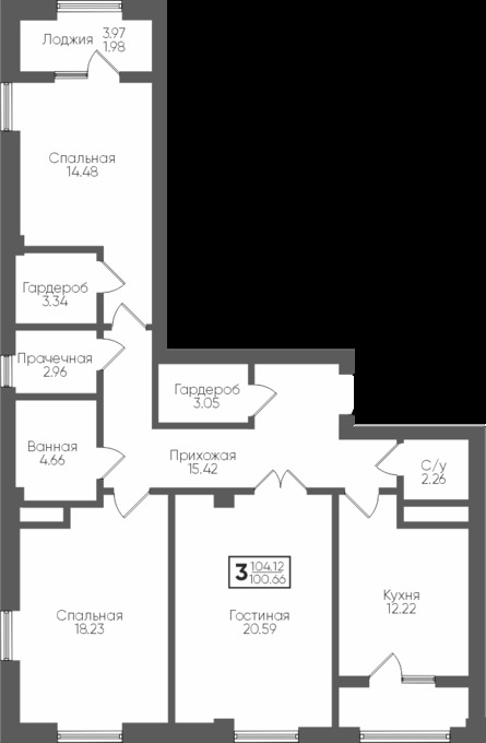 Планировка 3-комнатные квартиры, 104.12 m2 в ЖК Birlik, в г. Шымкента