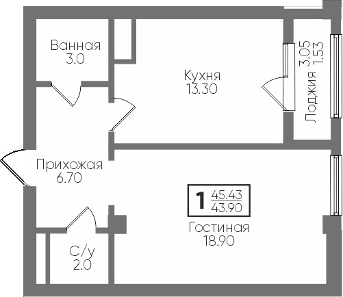 Планировка 1-комнатные квартиры, 45.43 m2 в ЖК Birlik, в г. Шымкента