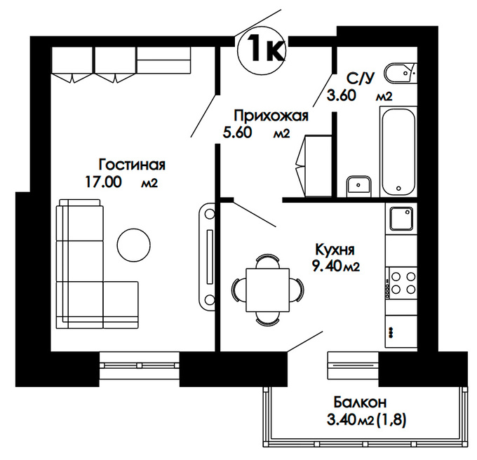 Планировка 1-комнатные квартиры, 38.5 m2 в ЖК Satty Jol, в г. Нур-Султана (Астаны)