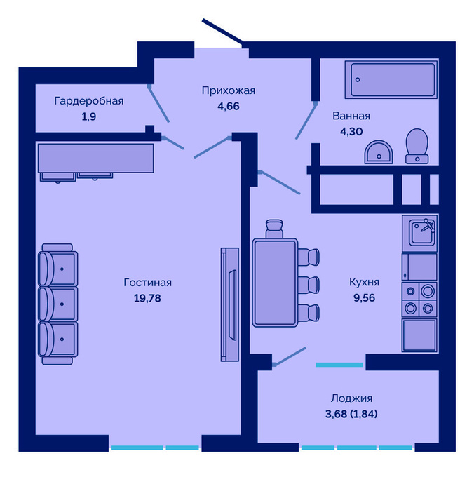 Планировка 1-комнатные квартиры, 41.86 m2 в ЖК Cosmic City, в г. Нур-Султана (Астаны)