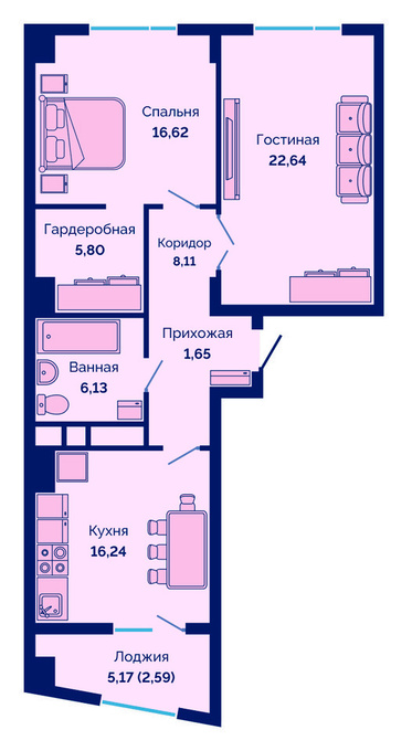 Планировка 2-комнатные квартиры, 79.78 m2 в ЖК Cosmic City, в г. Нур-Султана (Астаны)