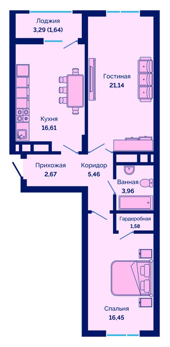 Планировка 2-комнатные квартиры, 69.51 m2 в ЖК Cosmic City, в г. Нур-Султана (Астаны)