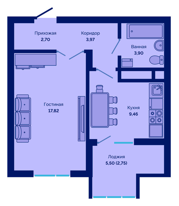 Планировка 1-комнатные квартиры, 40.59 m2 в ЖК Cosmic City, в г. Нур-Султана (Астаны)