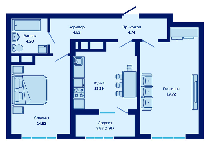 Планировка 2-комнатные квартиры, 63.44 m2 в ЖК Cosmic City, в г. Нур-Султана (Астаны)