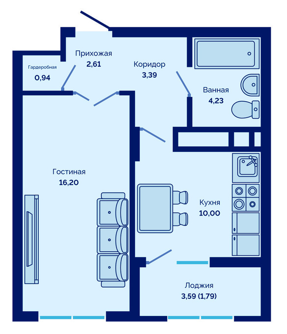 Планировка 1-комнатные квартиры, 39.17 m2 в ЖК Cosmic City, в г. Нур-Султана (Астаны)