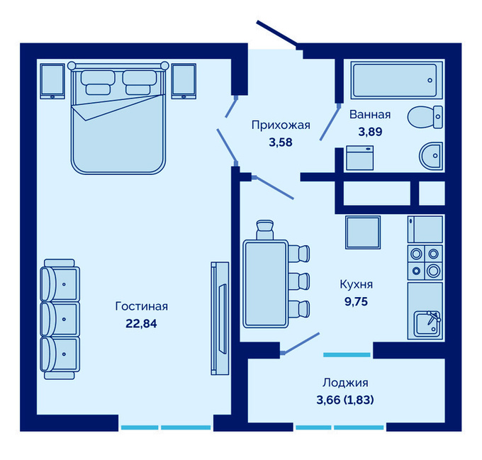 Планировка 1-комнатные квартиры, 41.89 m2 в ЖК Cosmic City, в г. Нур-Султана (Астаны)