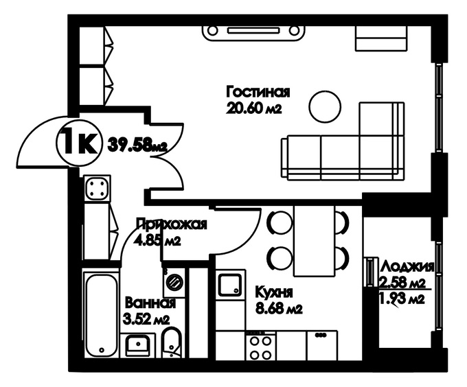 Планировка 1-комнатные квартиры, 39.58 m2 в ЖК Bravo Family, в г. Нур-Султана (Астаны)