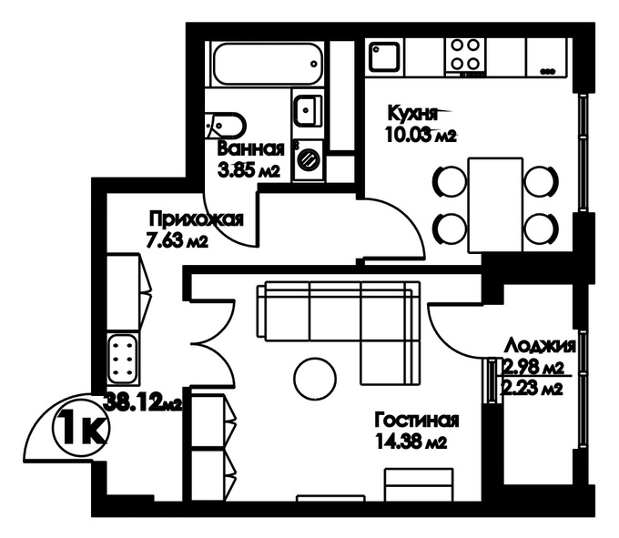 Планировка 1-комнатные квартиры, 38.12 m2 в ЖК Bravo Family, в г. Нур-Султана (Астаны)