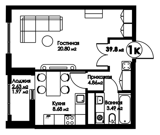 Планировка 1-комнатные квартиры, 39.8 m2 в ЖК Bravo Family, в г. Нур-Султана (Астаны)